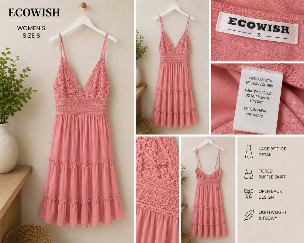 ECOWISH Women's V-Neck Spaghetti Strap Lace Bodice Tiered Ruffle Mini Dress in P